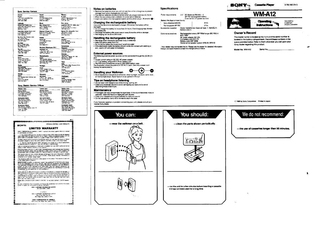 Mode d'emploi SONY WM-A12