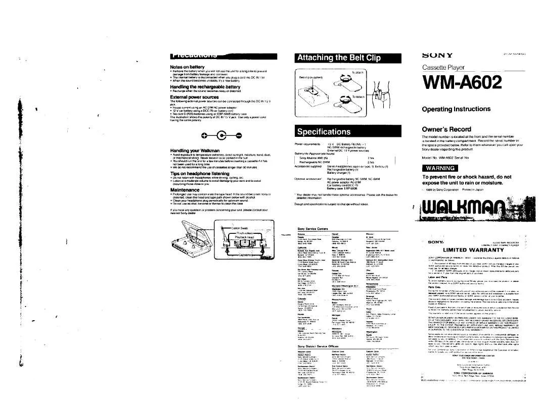 Mode d'emploi SONY WM-A602