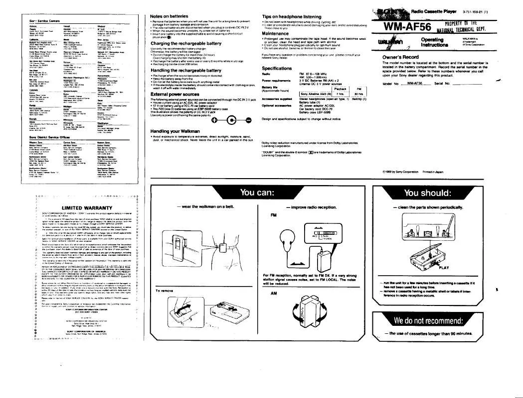 Mode d'emploi SONY WM-AF56