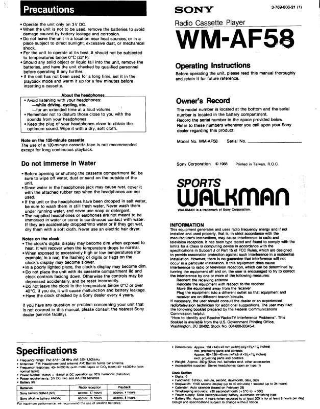 Mode d'emploi SONY WM-AF58