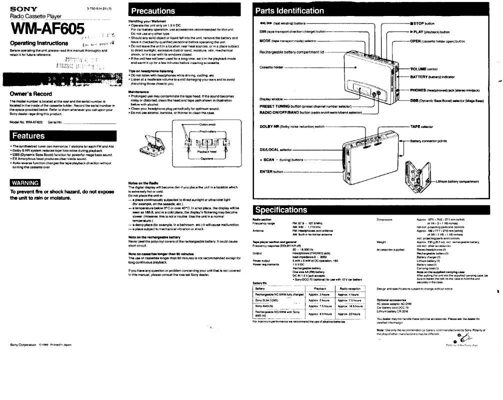 Mode d'emploi SONY WM-AF605