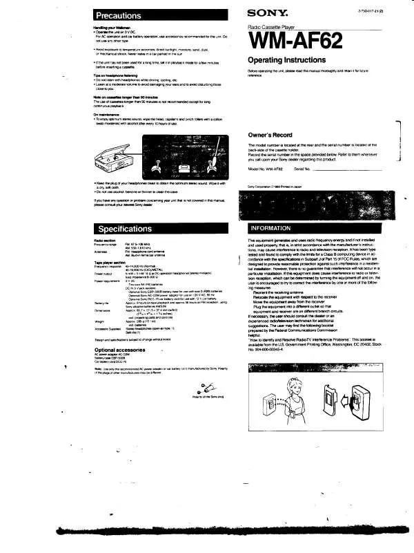 Mode d'emploi SONY WM-AF62