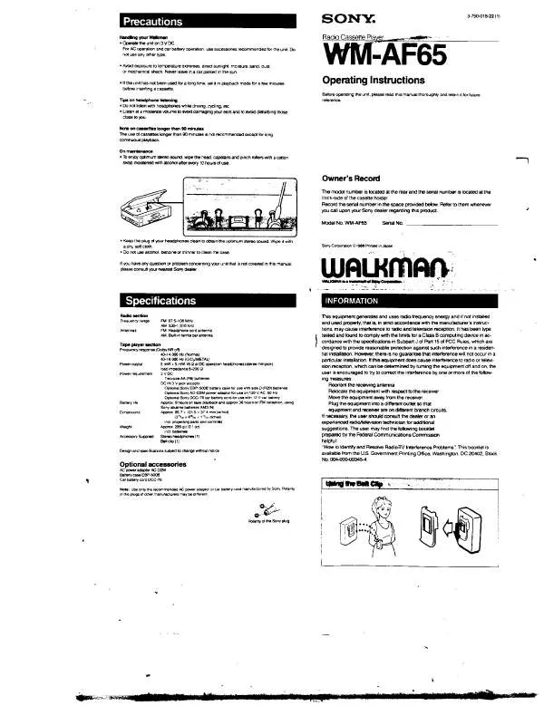 Mode d'emploi SONY WM-AF65