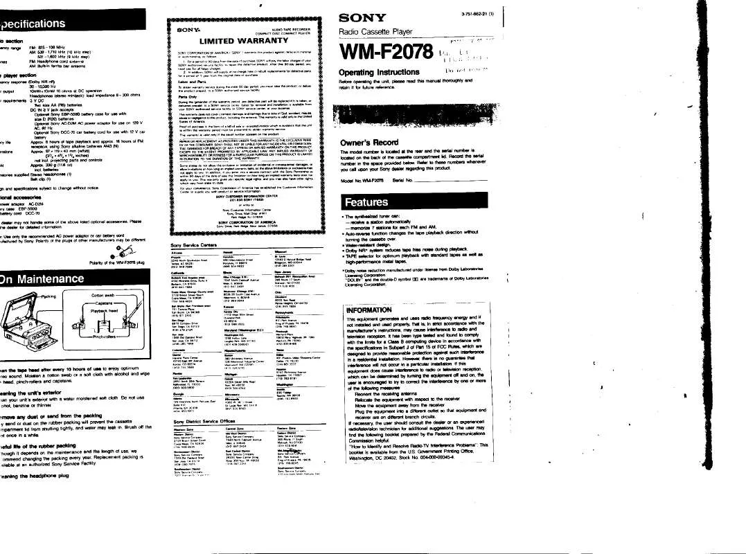 Mode d'emploi SONY WM-F2078