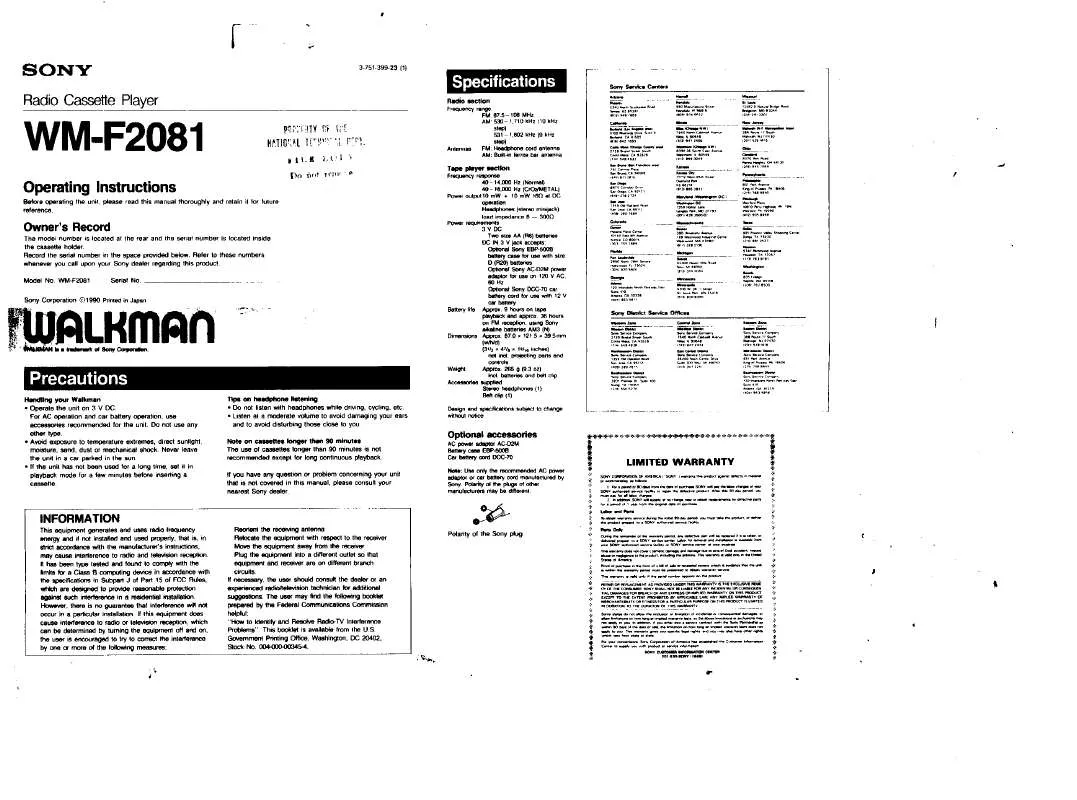 Mode d'emploi SONY WM-F2081