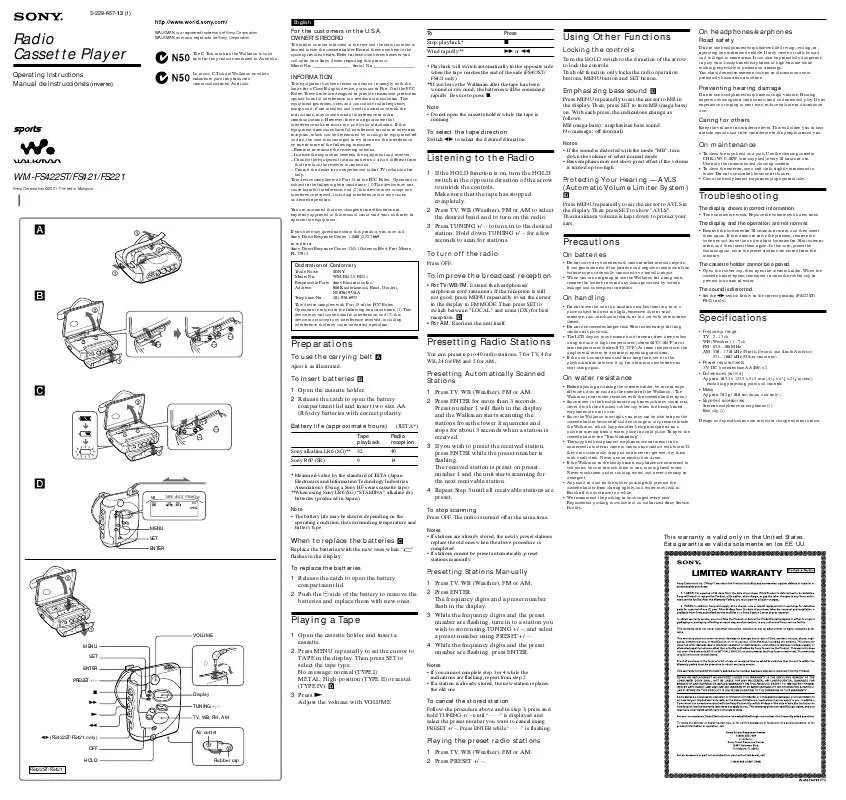 Mode d'emploi SONY WM-FS221