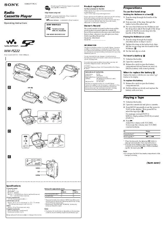 Mode d'emploi SONY WM-FS222