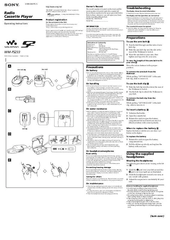 Mode d'emploi SONY WM-FS233