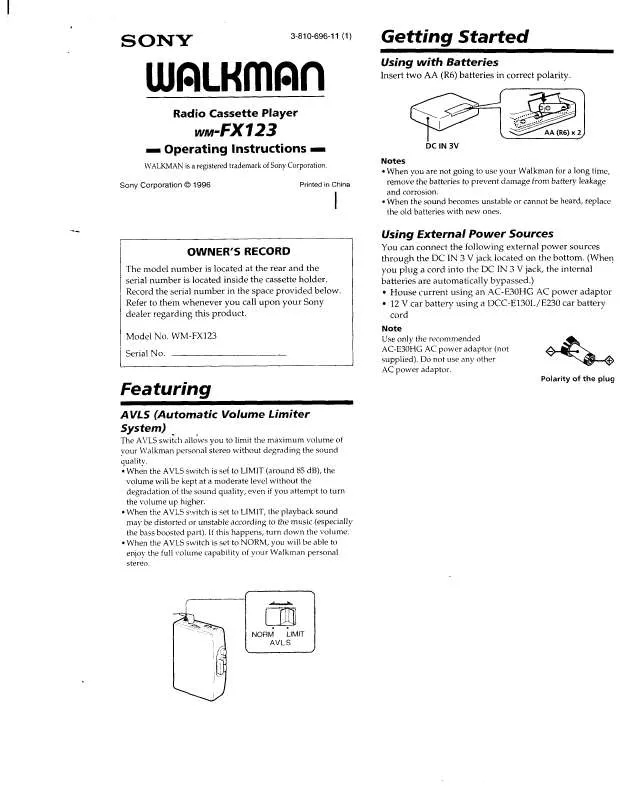 Mode d'emploi SONY WM-FX123