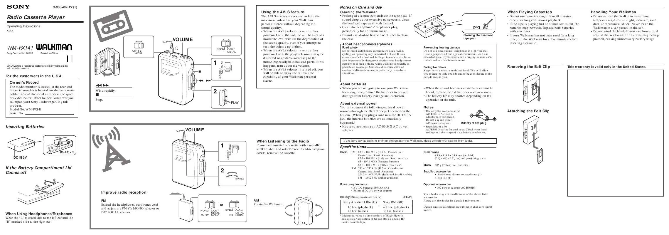 Mode d'emploi SONY WM-FX141