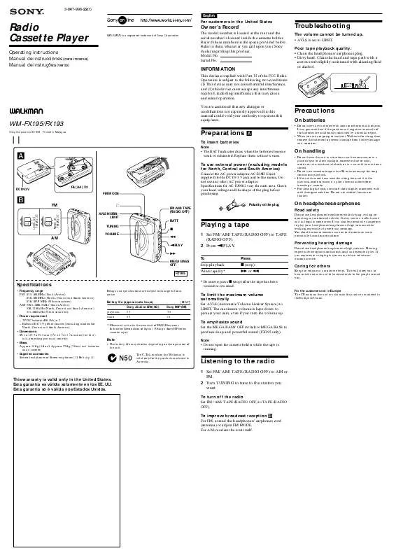 Mode d'emploi SONY WM-FX195