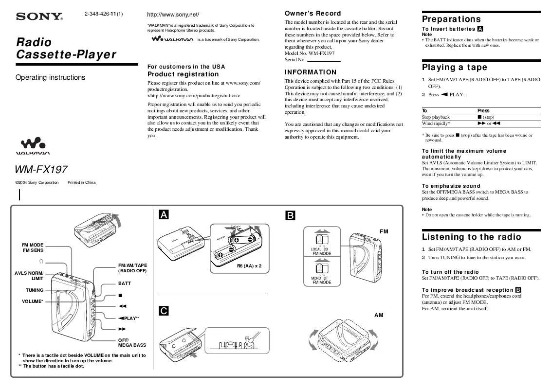 Mode d'emploi SONY WM-FX197