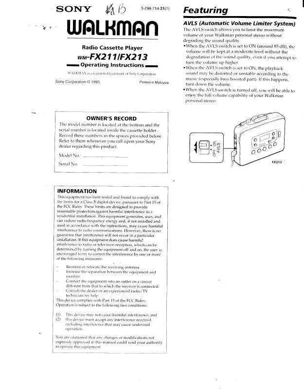 Mode d'emploi SONY WM-FX211