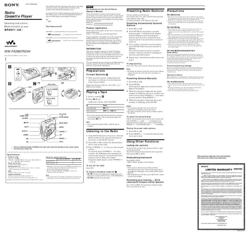 Mode d'emploi SONY WM-FX244