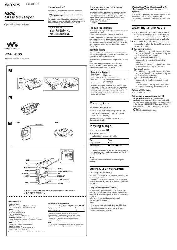 Mode d'emploi SONY WM-FX290