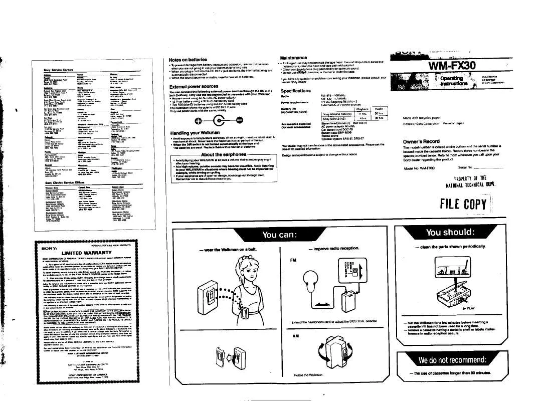 Mode d'emploi SONY WM-FX30