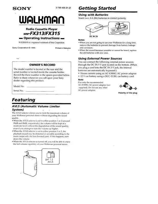 Mode d'emploi SONY WM-FX313