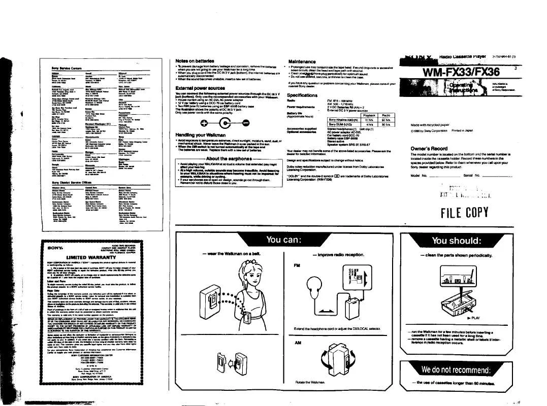 Mode d'emploi SONY WM-FX33