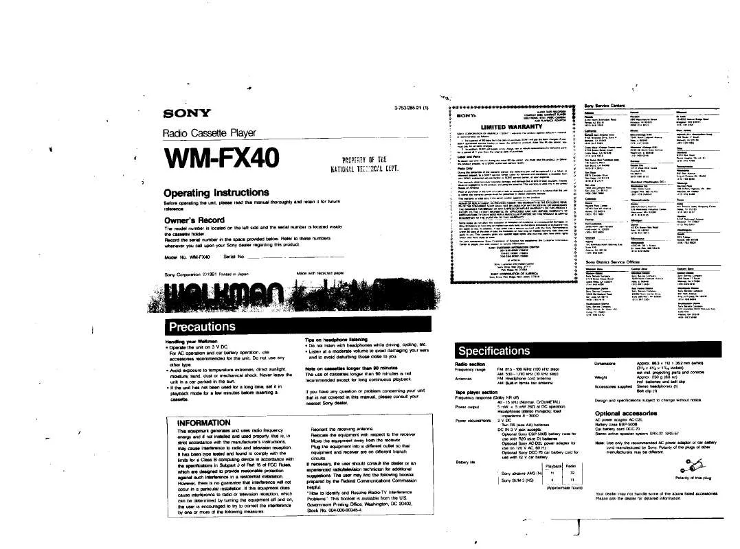 Mode d'emploi SONY WM-FX40