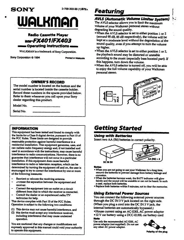 Mode d'emploi SONY WM-FX401