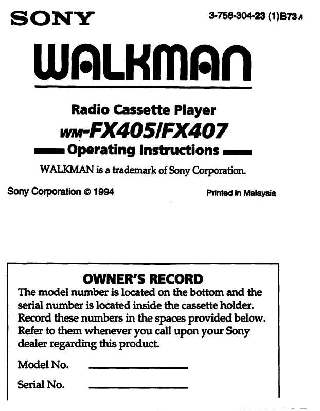 Mode d'emploi SONY WM-FX405