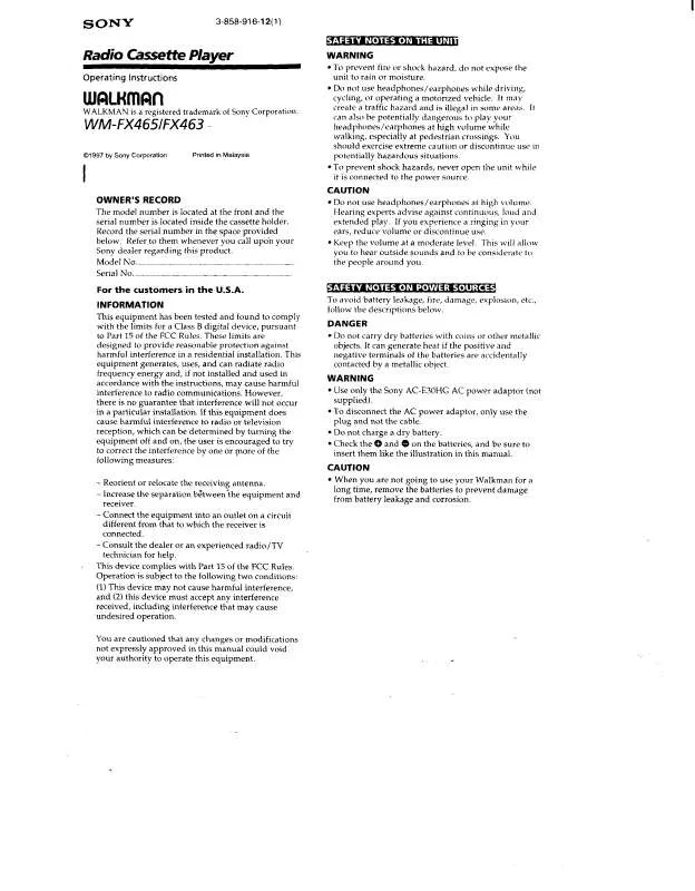 Mode d'emploi SONY WM-FX465