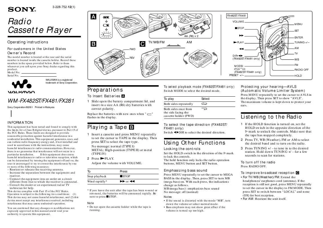 Mode d'emploi SONY WM-FX482ST