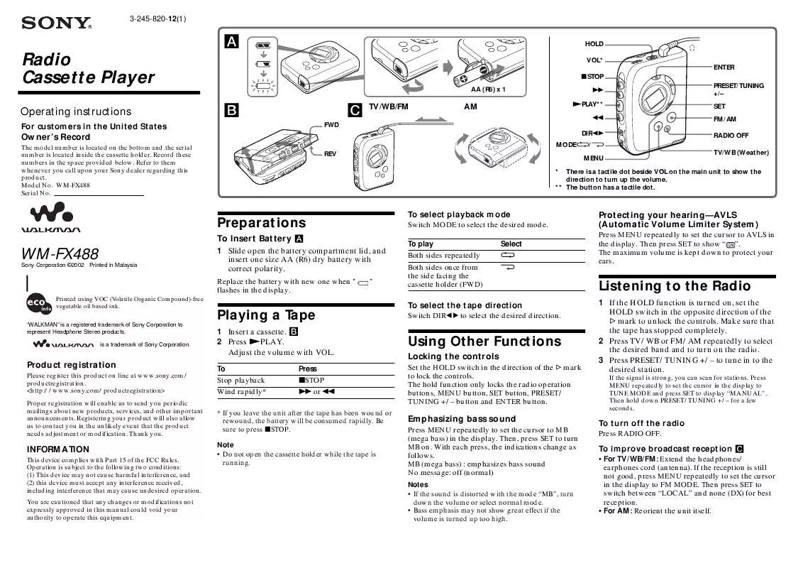 Mode d'emploi SONY WM-FX488