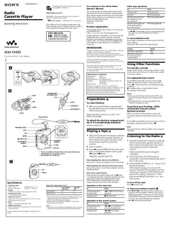 Mode d'emploi SONY WM-FX495