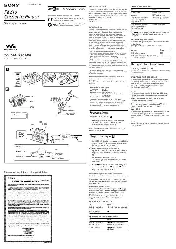 Mode d'emploi SONY WM-FX496ST