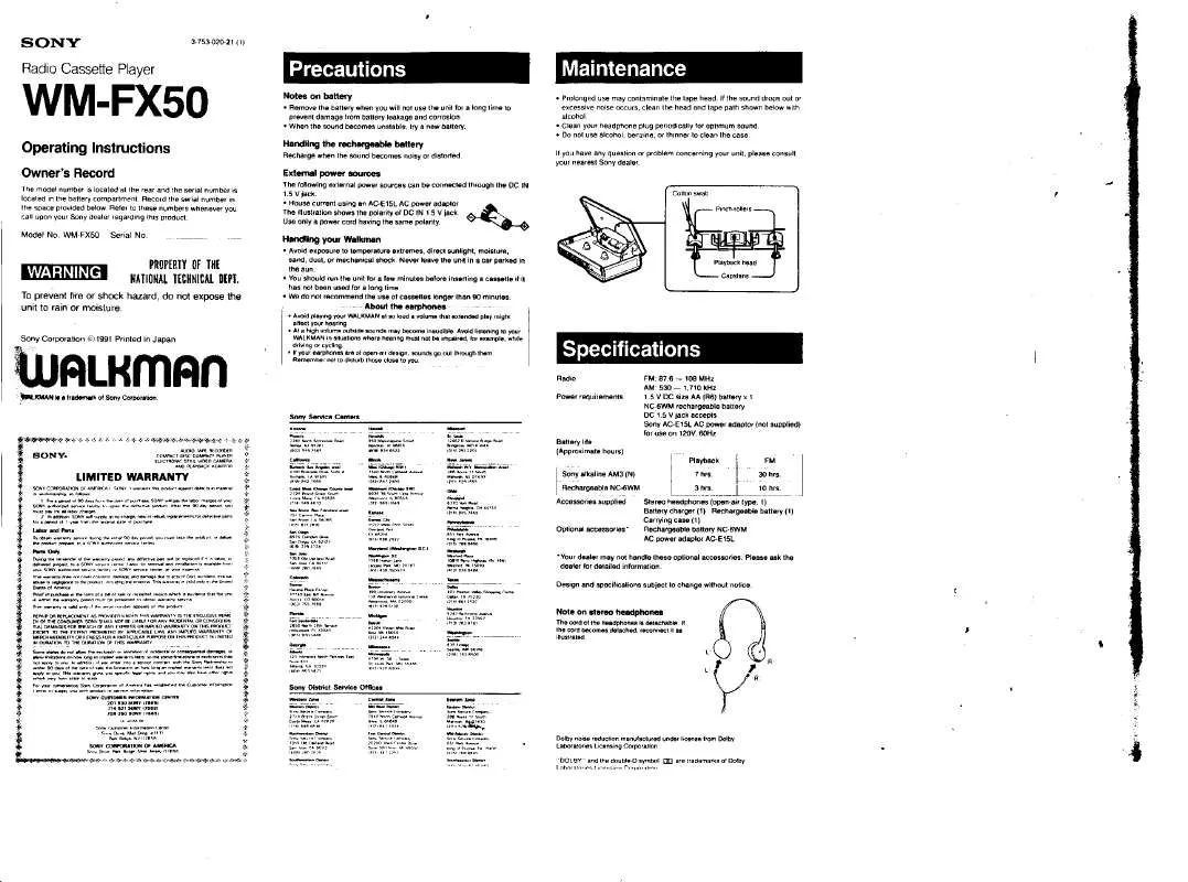 Mode d'emploi SONY WM-FX50