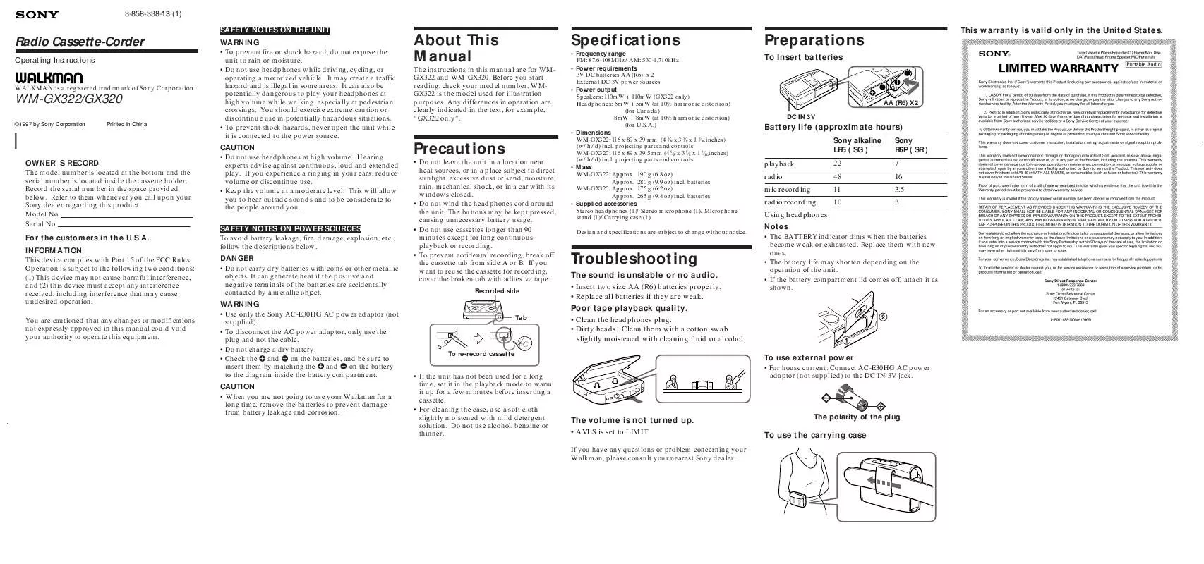 Mode d'emploi SONY WM-GX322