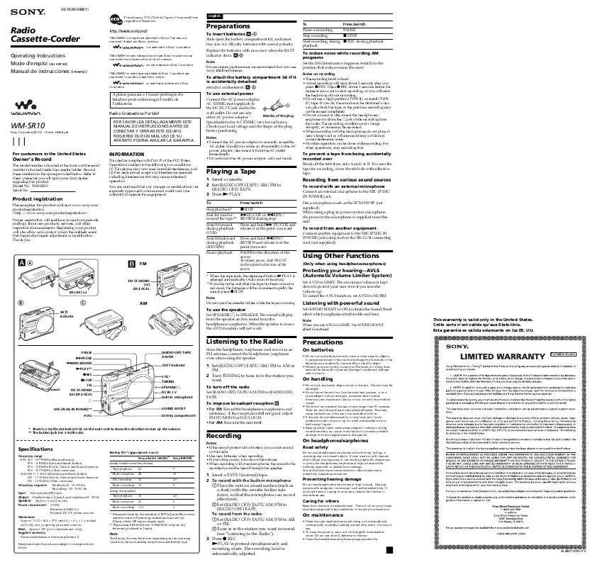 Mode d'emploi SONY WM-SR10