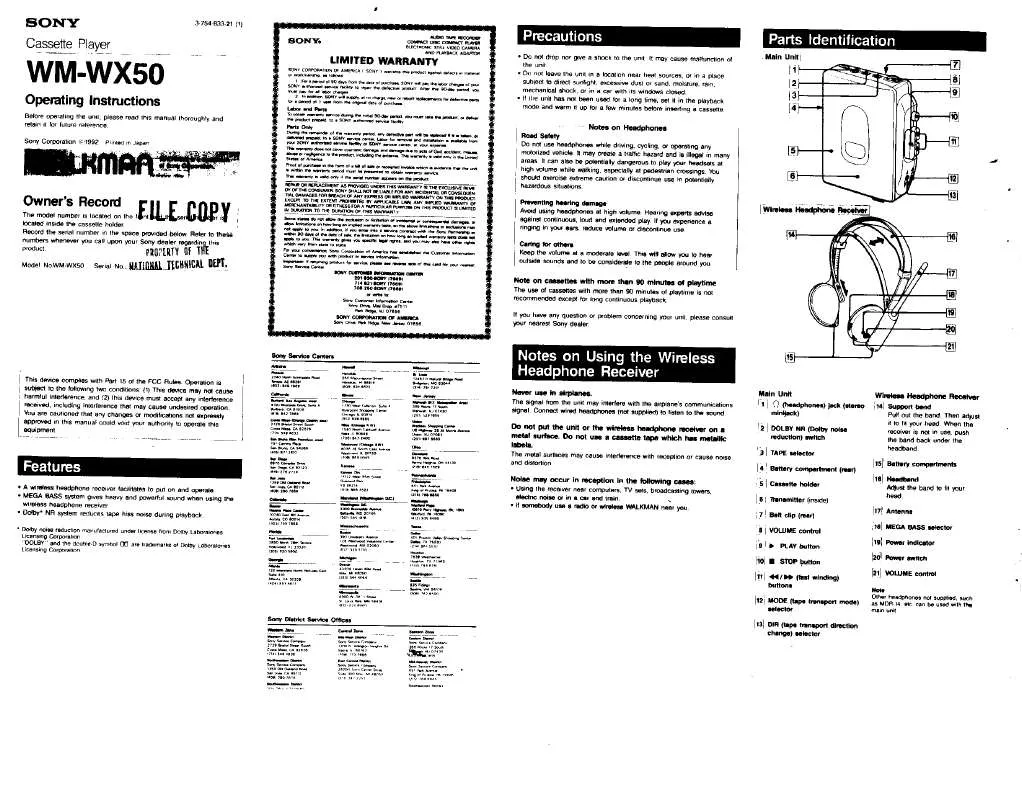 Mode d'emploi SONY WM-WX50