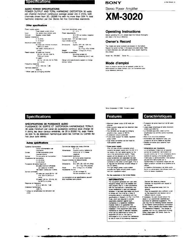 Mode d'emploi SONY XM-3020