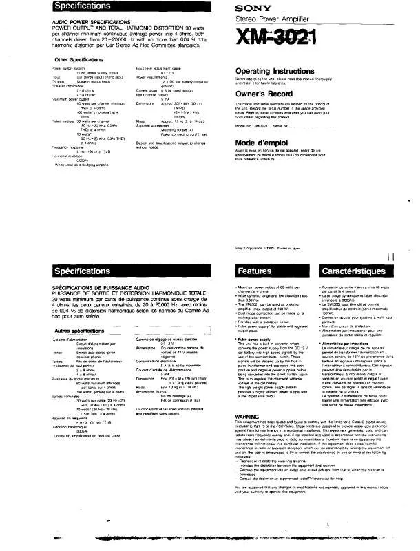 Mode d'emploi SONY XM-3021