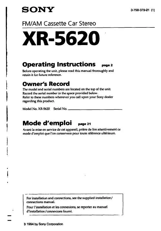 Mode d'emploi SONY XR-5620