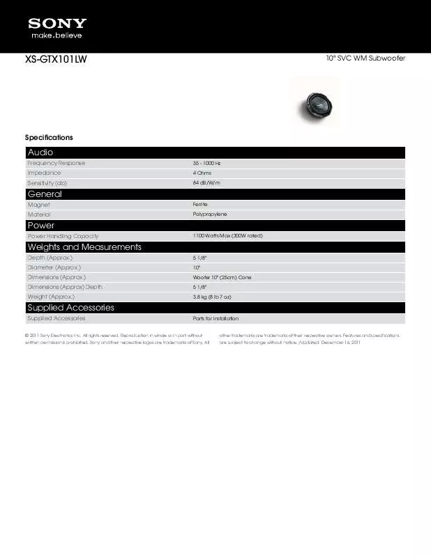 Mode d'emploi SONY XS-GTX101LW