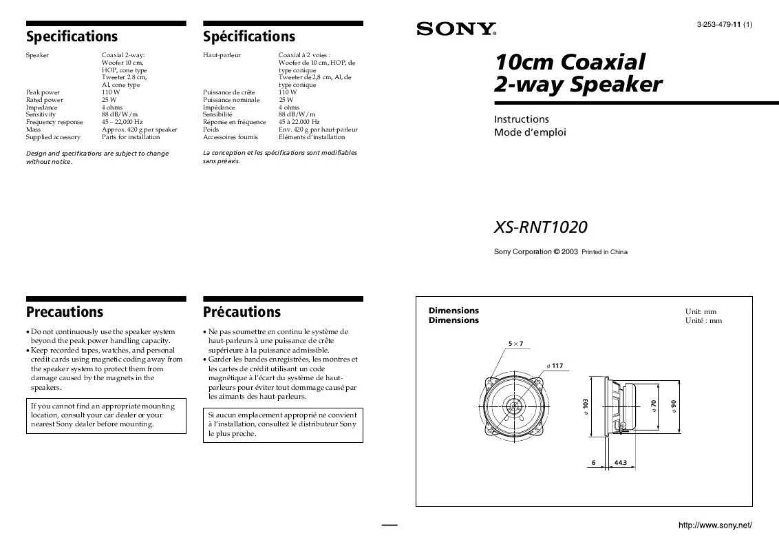 Mode d'emploi SONY XS-RNT1020