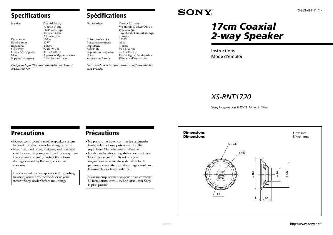 Mode d'emploi SONY XS-RNT1720