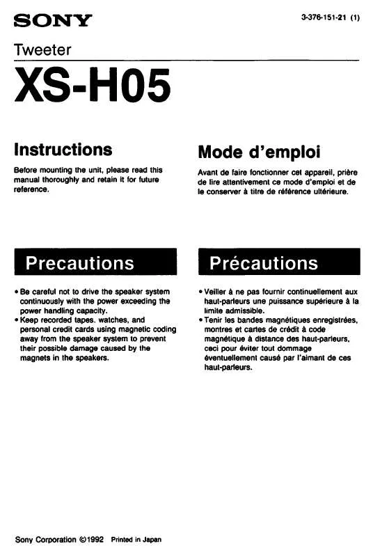 Mode d'emploi SONY XS-H05