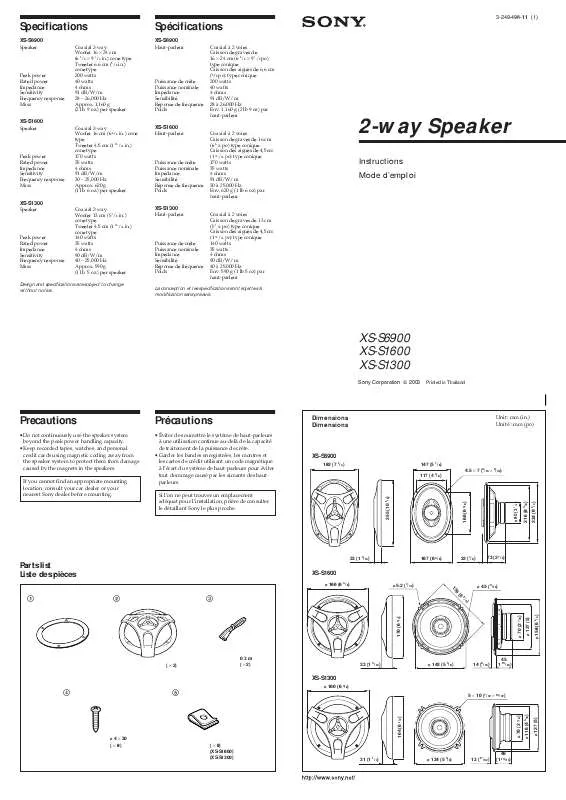 Mode d'emploi SONY XS-S1300