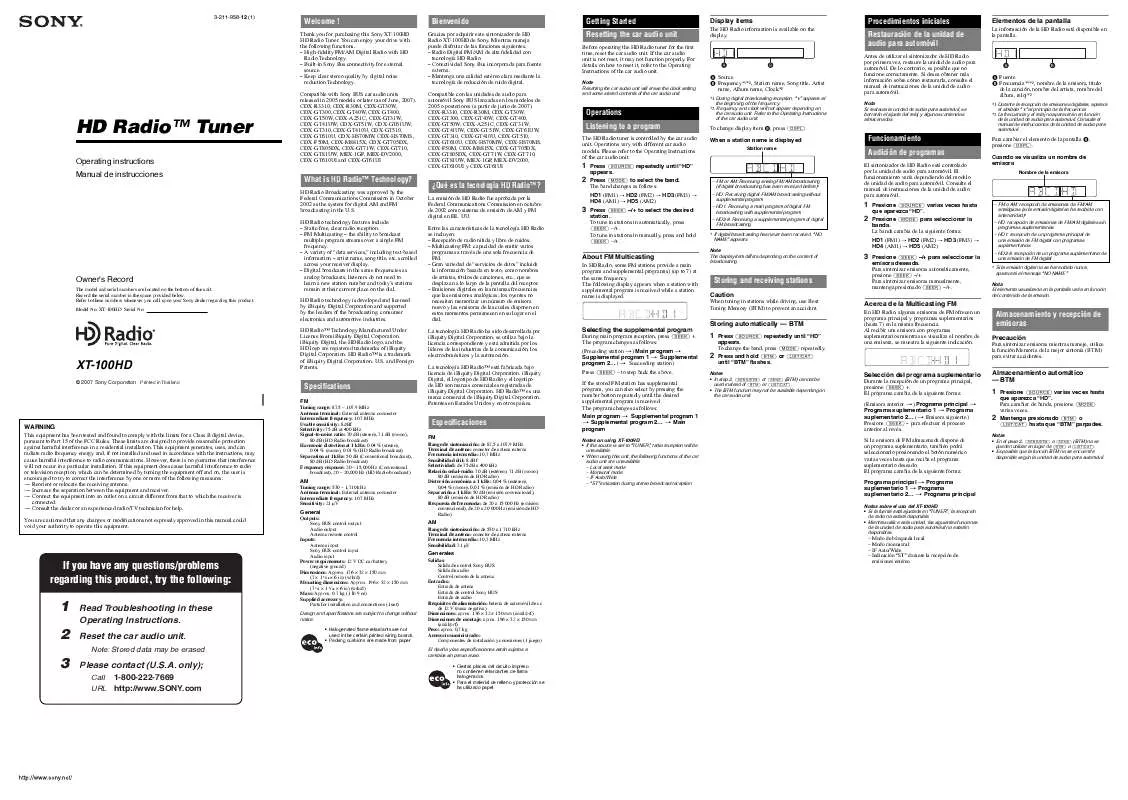 Mode d'emploi SONY XT-100HD