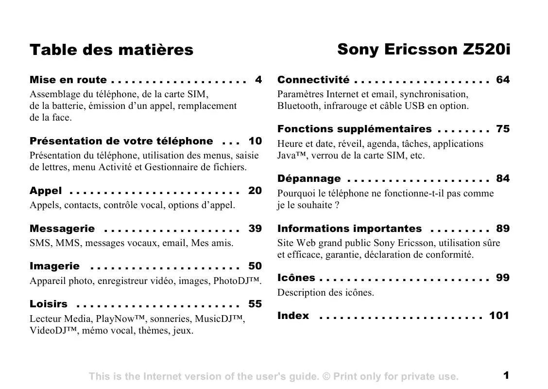 Mode d'emploi SONY Z520I