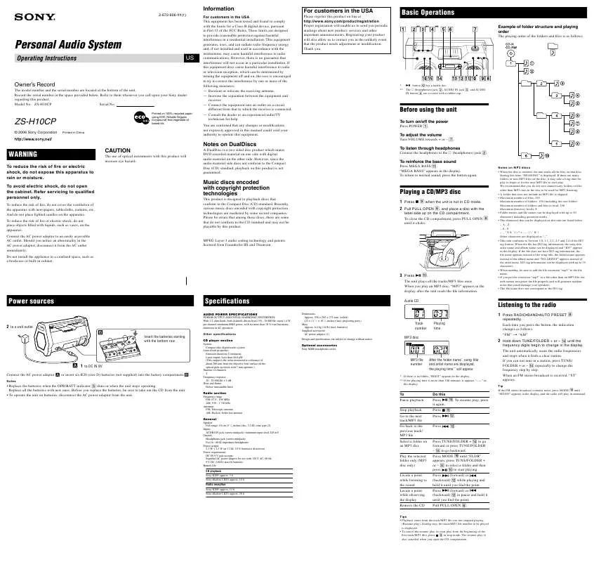 Mode d'emploi SONY ZS-H10CP