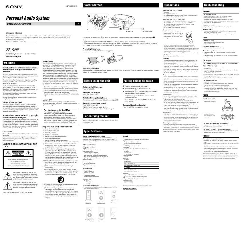 Mode d'emploi SONY ZS-S2IP/BLACK