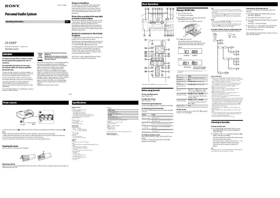 Mode d'emploi SONY ZS-S50CP