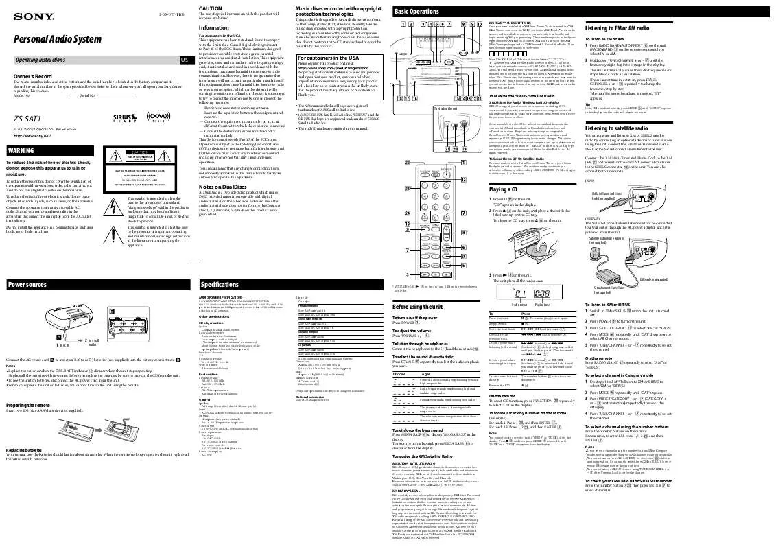 Mode d'emploi SONY ZS-SAT1