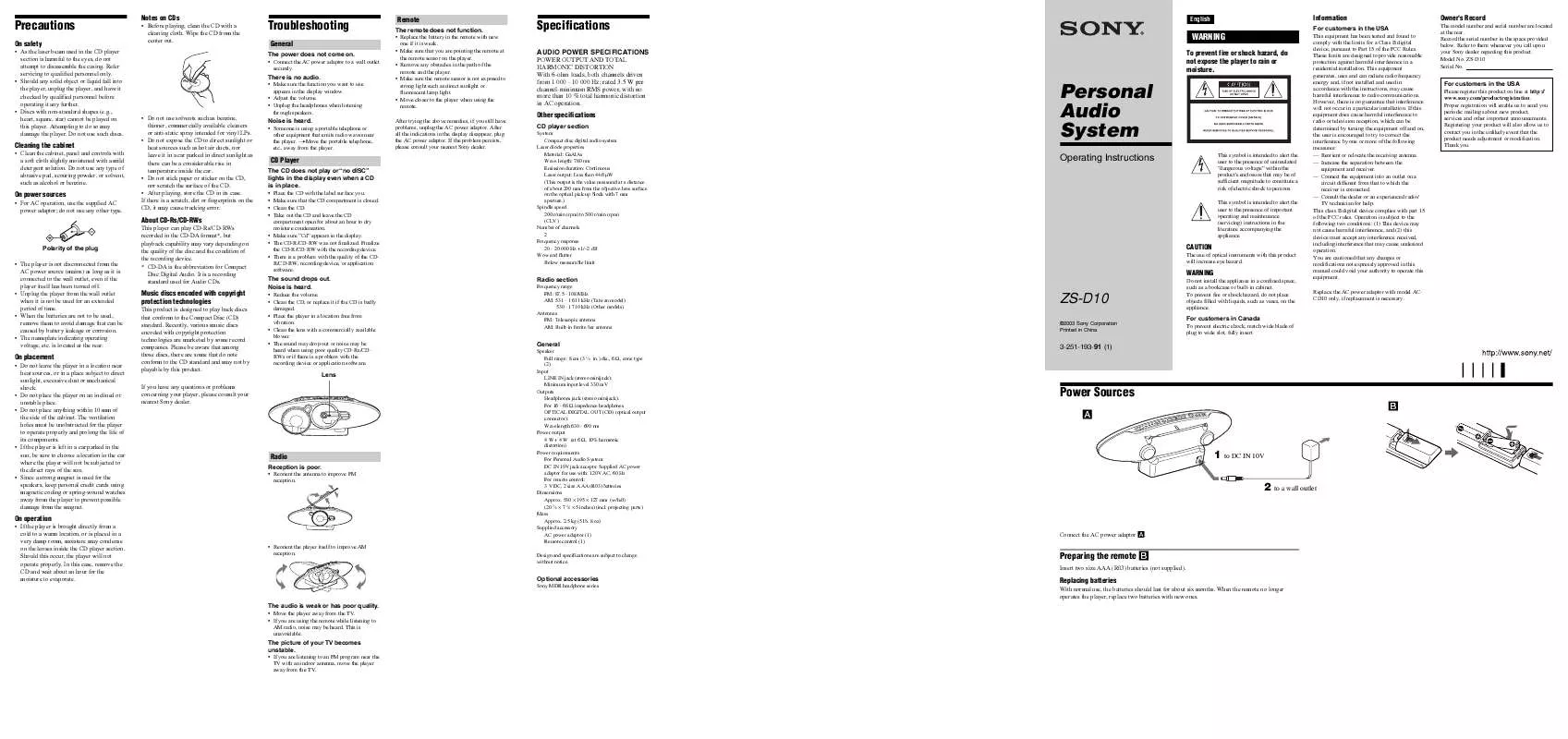 Mode d'emploi SONY ZS-D10