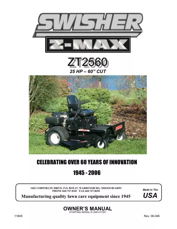 Mode d'emploi SWISHER ZT2560 Z-MAX